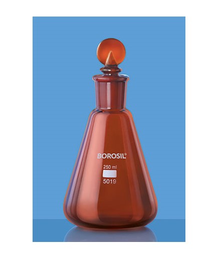 borosil-erlenmeyer-conical-flask-narrow-mouth-with-i-c-joint-glass-stopper-amber-100-ml-50190016