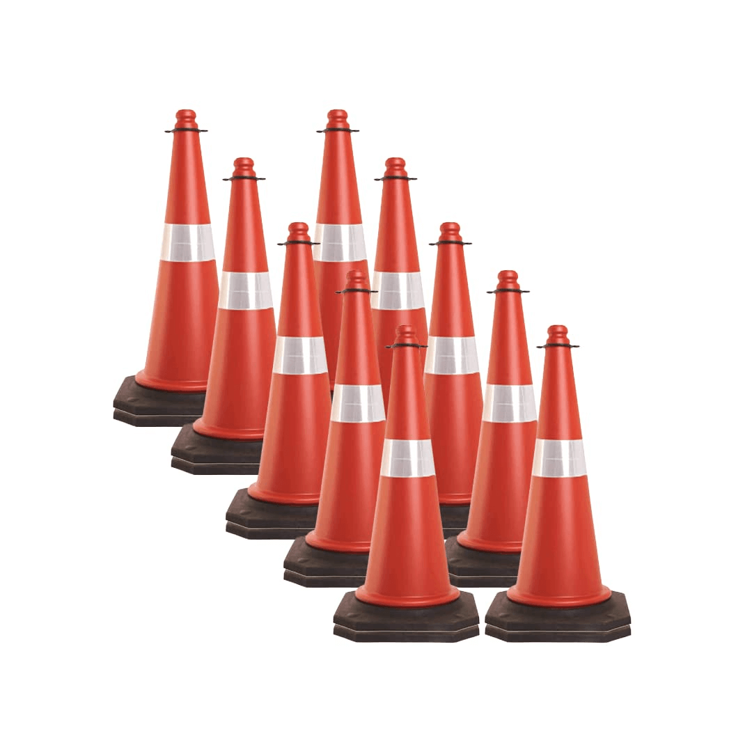 health-safe-safety-cone-with-chain-plastic-barricade-traffic-safety-cone-with-black-rubber-base-reflective-strips-collar-and-round-ring-impact-resistant-pack-of-10