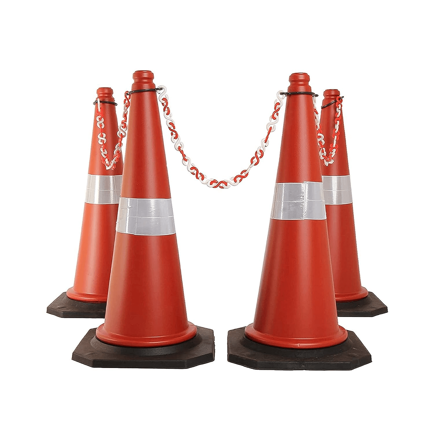 health-safe-safety-cone-with-chain-plastic-barricade-traffic-safety-cone-with-black-rubber-base-reflective-strips-collar-and-round-ring-impact-resistant-pack-of-4