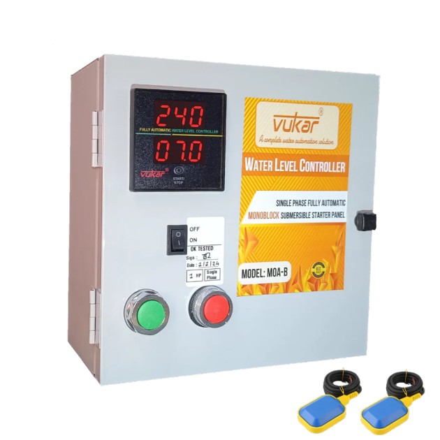 vukar-single-phase-digital-water-level-controller-monoblock-motor-starter-panel-board-0-75-power-with-dry-run-overload-voltage-protection-and-water-level-controller-with-sensor-moa-b1